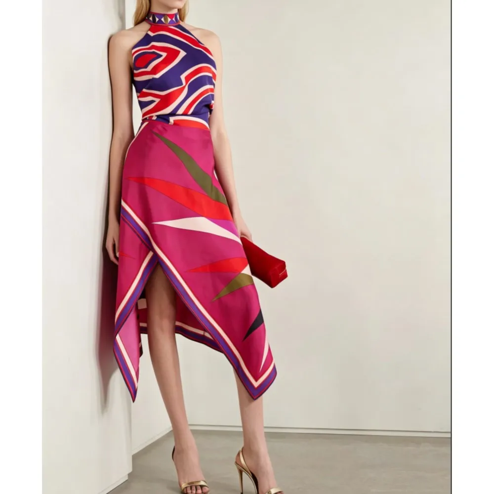 Summer New Printed Sexy Halter Backless Suit Women's Fashion Satin Irregular Skirt Female Vacation 2-piece Set 2026