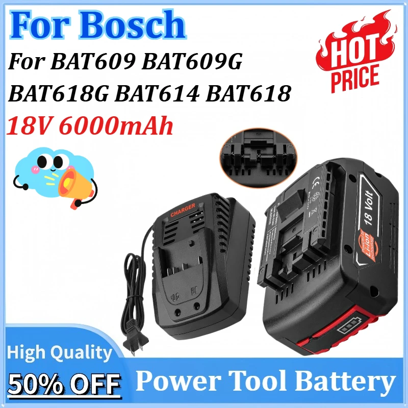 

New 18V 6000mAh Rechargeable Lithium-ion Battery for Bosch BAT609 BAT609G BAT618G BAT614 BAT618 for Electric Drill with Charger