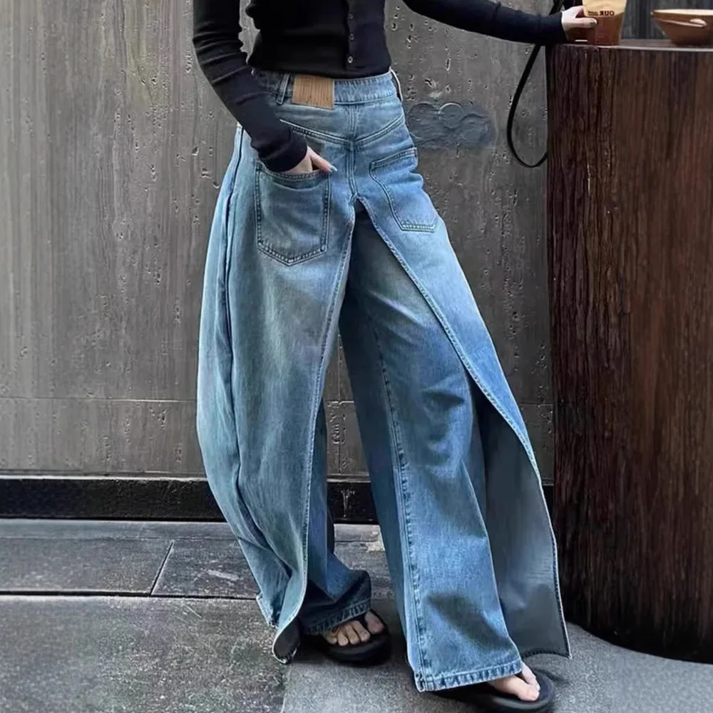 

Wide Leg Jeans Women Denim Straight Pants Trousers Floor Length Asymmetric High Waist Pockets Washed 2025 Streetwear Denims