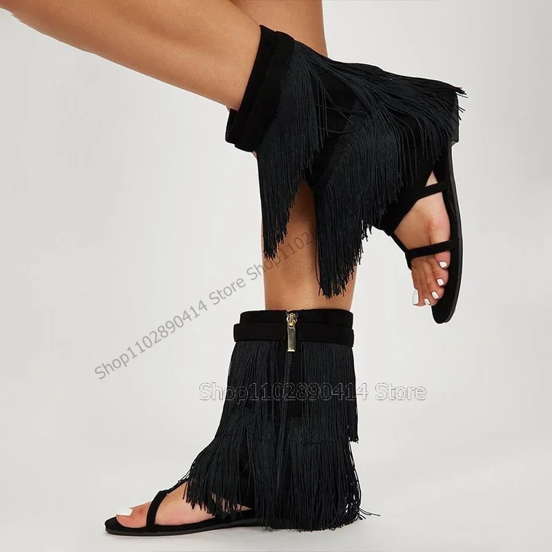 Colorful Tassels Decor Open Toe Sandals Boots Side Zipper Women Shoes Chunky Heels Novel Fashion Party 2023 Zapatos Para Mujere
