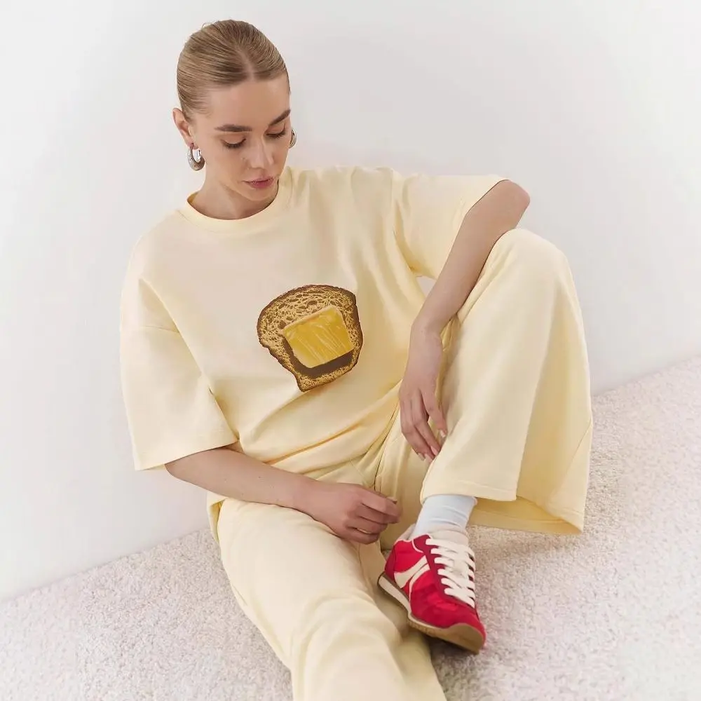 Top blanco de estilo ruso para mujer, camiseta sencilla personalizada con estampado de pan, Tops cómodos americanos de media manga y2K