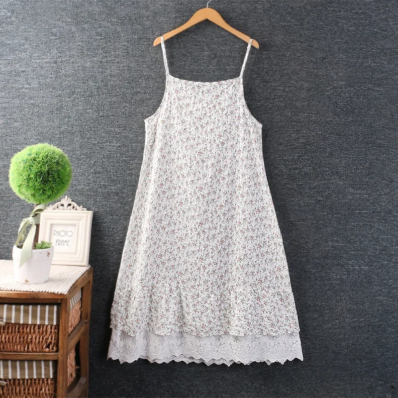 Japan Style Mori Girl Sweet Floral Print Lace Slip Dress Women Spaghtti Strap Casual Loose Vintage Cotton Dresses