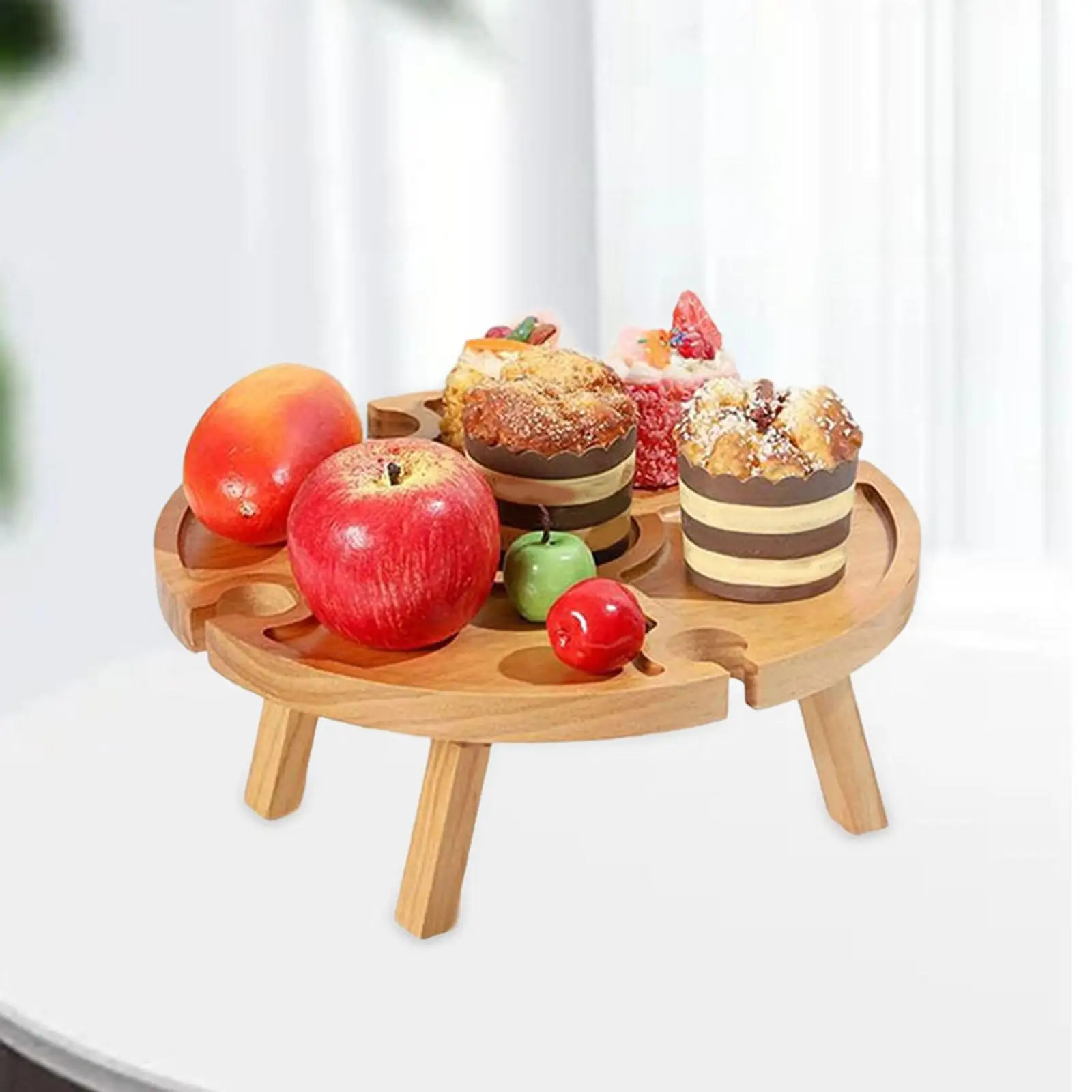 

Wooden Snack Table with Glass Holder Portable Picnic Table Wine Bottle Holder for Park Outdoor Lawn Garden Barbecue Camping