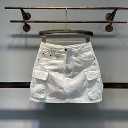 2023 Summer New Fashion Jean Mini Skirt Korean Big Pocket A-line Denim Skirts Women's Slim High Waist White Sexy Short Skirt