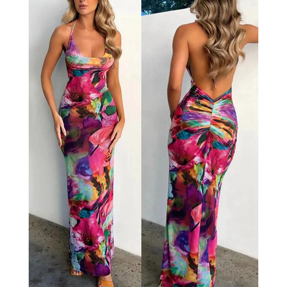 

Summer Women Tie Dye Print Halter Maxi Party Dress Femme Sexy Backless Sleeveless Long Evening Dress Elegant Outfits Vestido