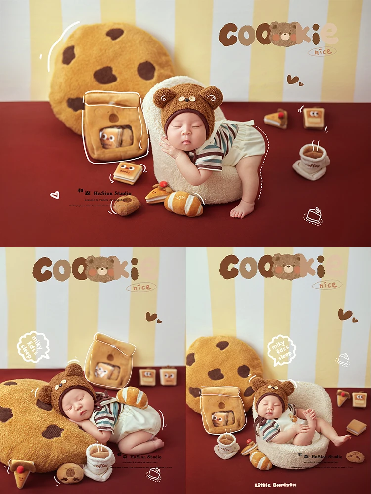 

Newborn Photography Props Cookie Theme Bear Costume Set Cookie Pillow+mini Bread Food Dolls for Photo Studio Baby Shooting Props