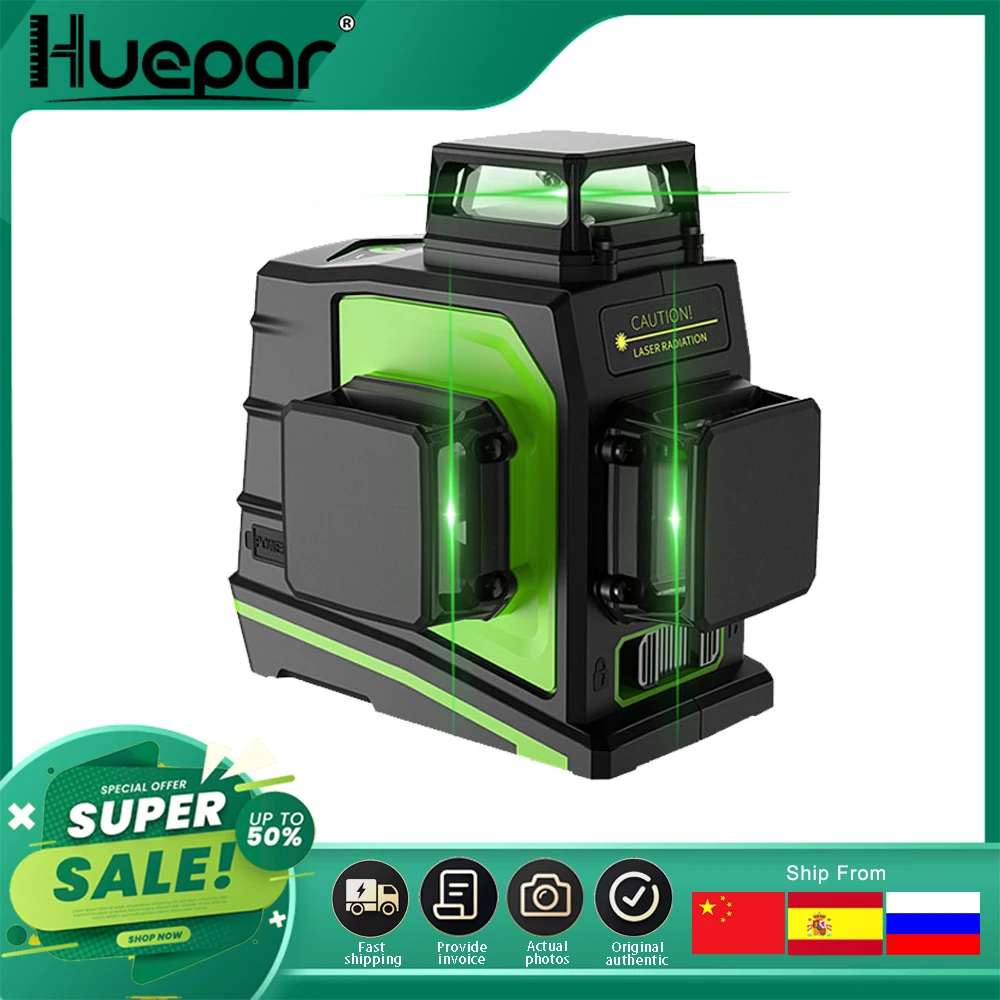 Huepar 12 Lines 3D Cross Line Laser Level Self-Leveling 360 Degree Vertical & Horizontal Cross Green Red Beam Line USB Charging