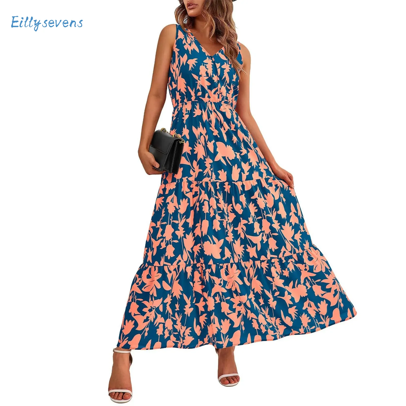 

Women'S Flowing Dresses Summer New Casual Resorts Style Long Dresses Daily Date Sweet Floral V-Neck Comfy All-Match Tank Dress