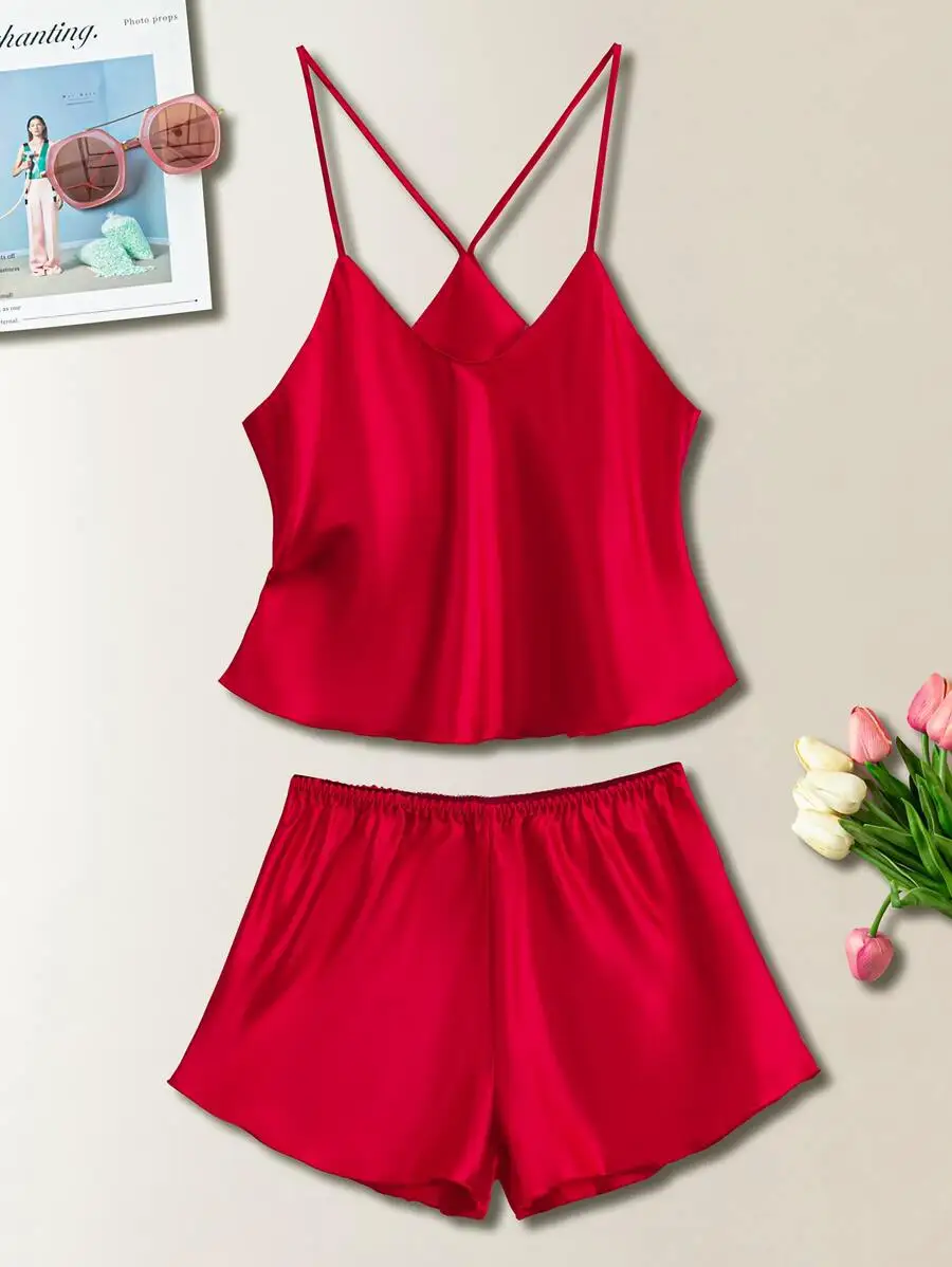Red Satin Cami Top And Shorts Pajama Set Sleepwear