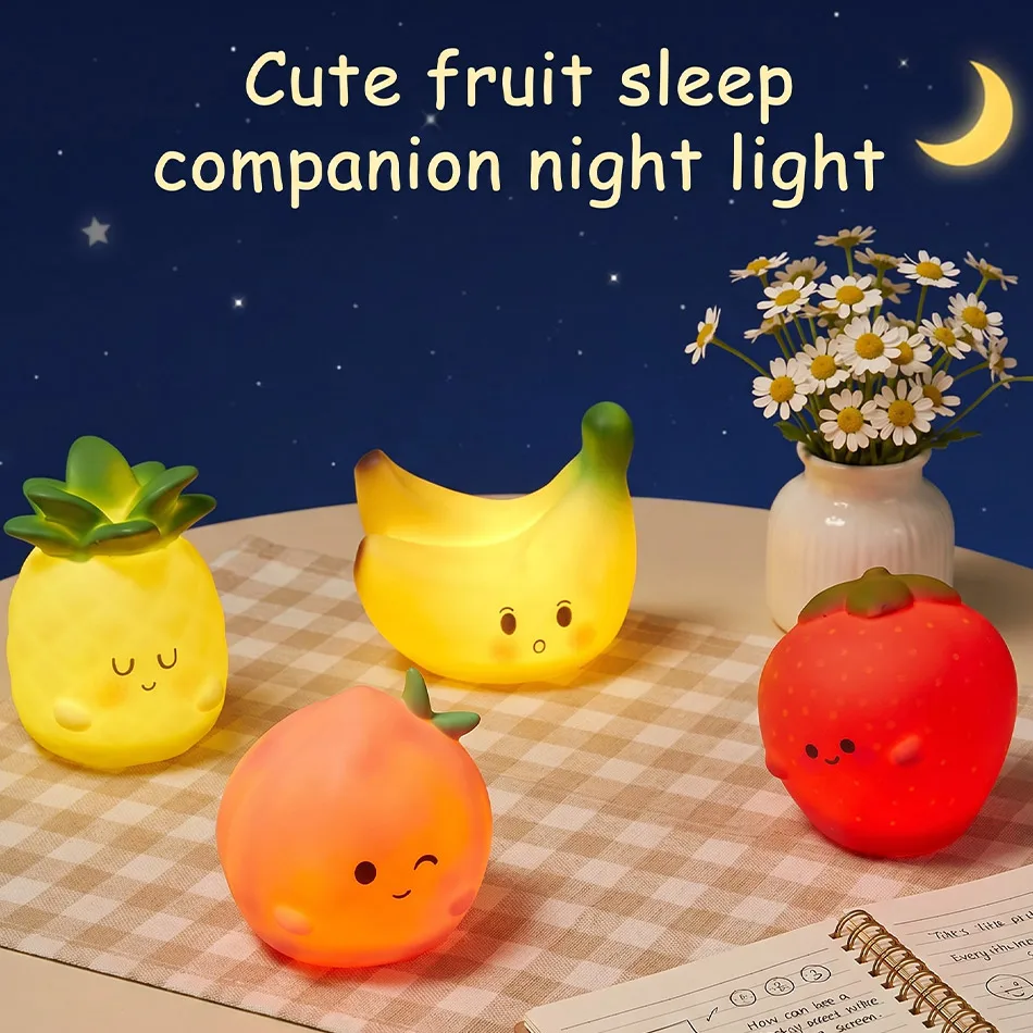 Figura Decorativa con Forma de Fruta Kawaii, Lámpara Nocturna LED de Silicona, Durazno, Plátano, Fresa, Piña, Linda Figura Decorativa de Mesa Mini