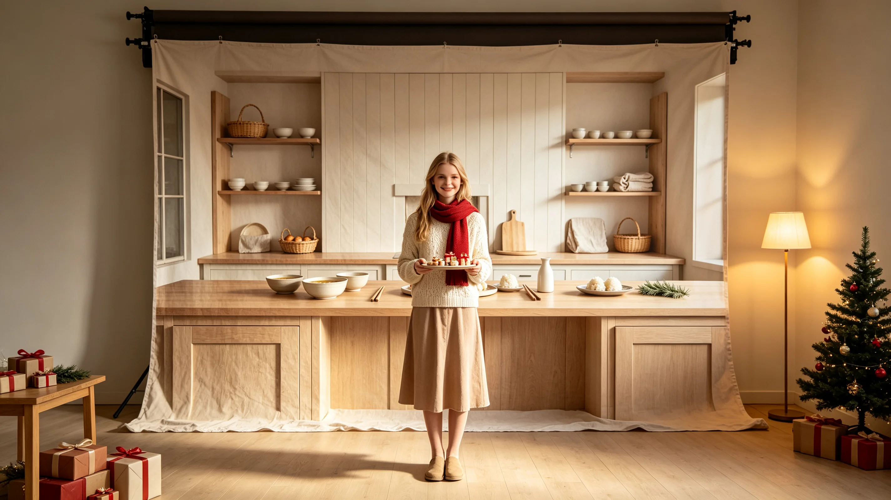 Mocsicka Christmas Kitchen Photography Backdrop Natural Beige Cabinets Basket Decoration Family Portrait Photo Studio Background
