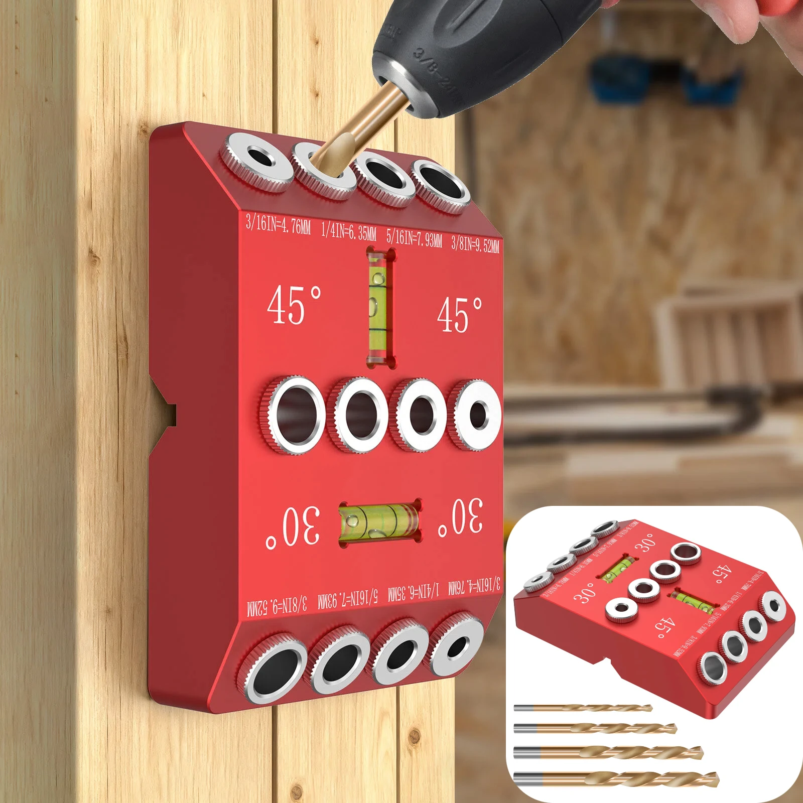 

Woodworking drilling locator vertical drilling guide aluminum alloy multi angle drill bit guide tool with 4 drill bits