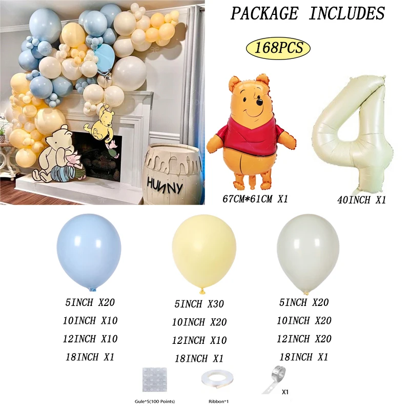 168 Uds. Globos de Winnie The Pooh de dibujos animados de Disney, arco de guirnalda, globo de aluminio con números de 40 pulgadas para cumpleaños, boda, fiesta reveladora de género