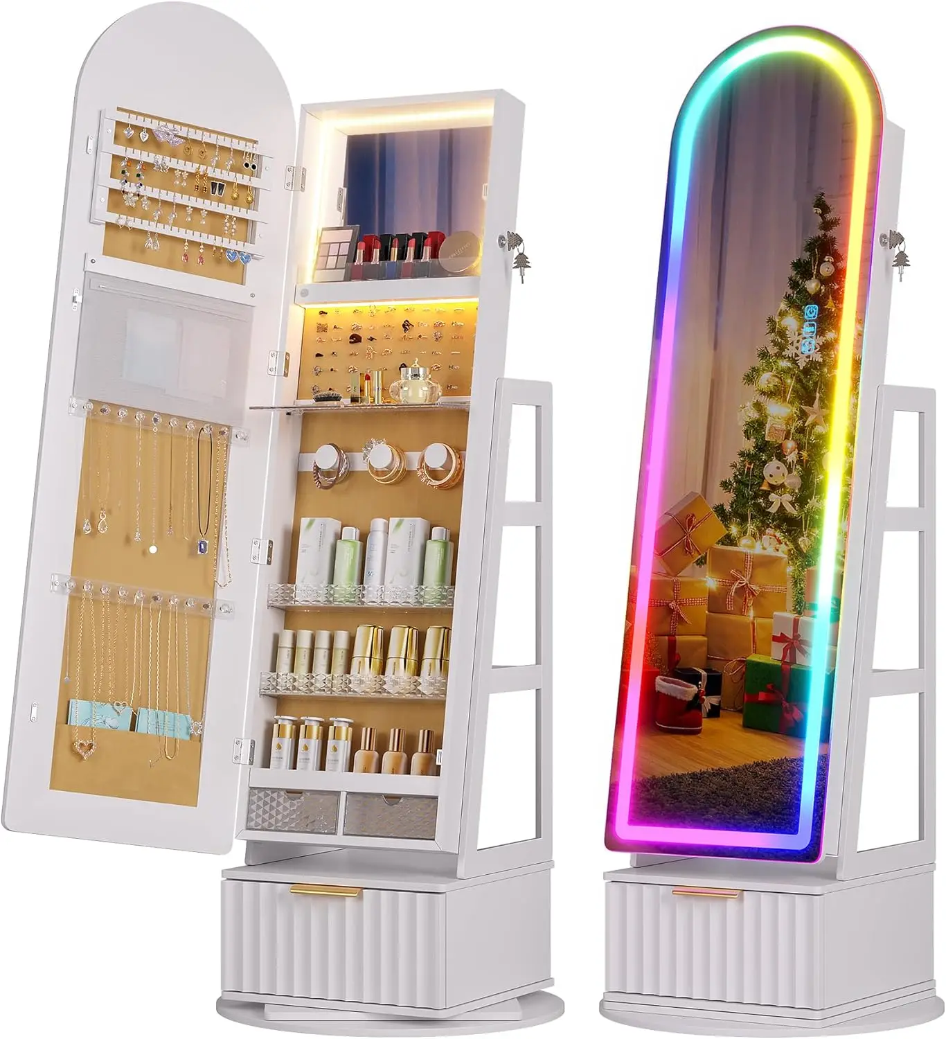 360 Swivel Standing Jewelry Armoire, Lockable Organizer with Drawers, Built-in LED Makeup Mirror, Remote Control, White