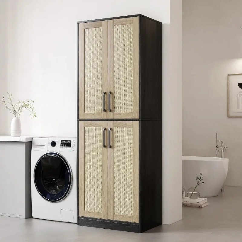 Armoire de rangement-armoire de garde-manger de cuisine, grande armoire de rangement autoportante avec 4 portes en rotin et étagères réglables