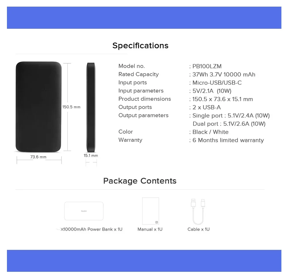 Imagem -06 - Xiaomi-redmi Carregador Portátil Powerbank Original Carregamento Rápido Powerbank 10000mah Pb100lzm 18w Usb-a Entrada Xiaomi Huawei