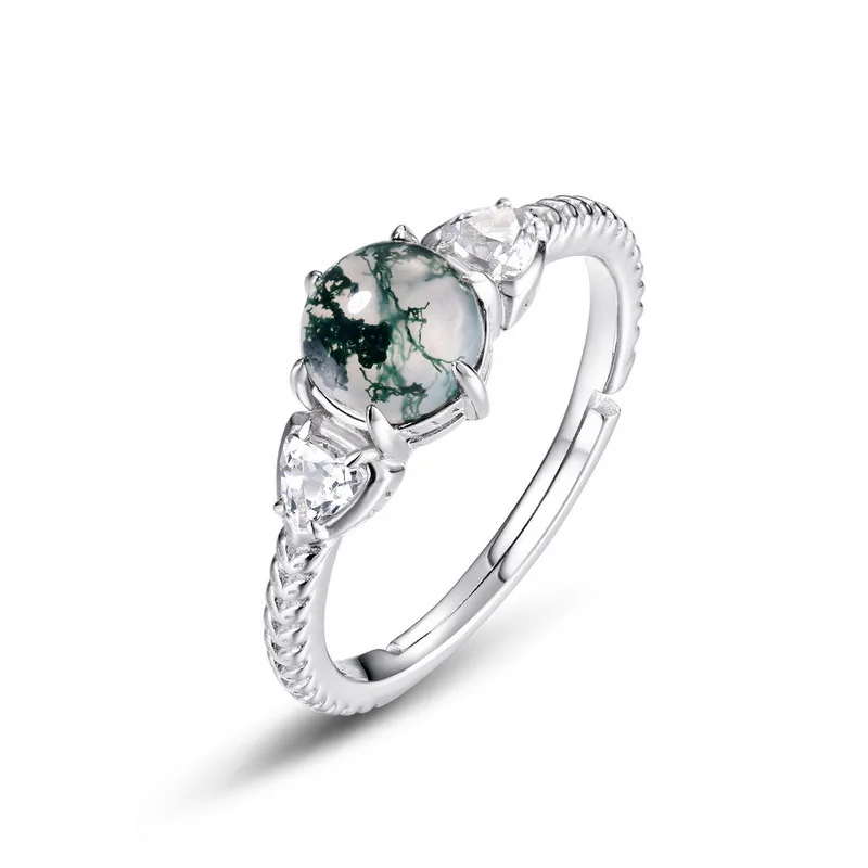 

Gemstone Rings Round Natural Moss Agate Open Ring for Women Wedding Engagement Gift Luxury Jewelry