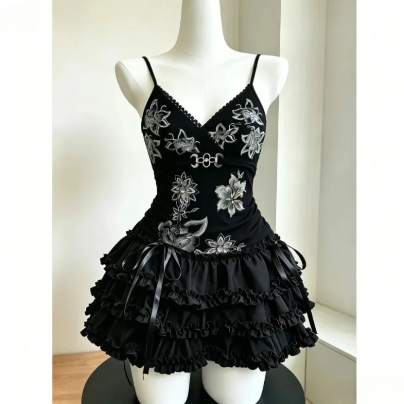 Street Style Two Piece Suits Female Harajuku Y2K Punk Lace Patchwork Sling Blouse Ruffled Tiered Cake Skirt Daily Outfits