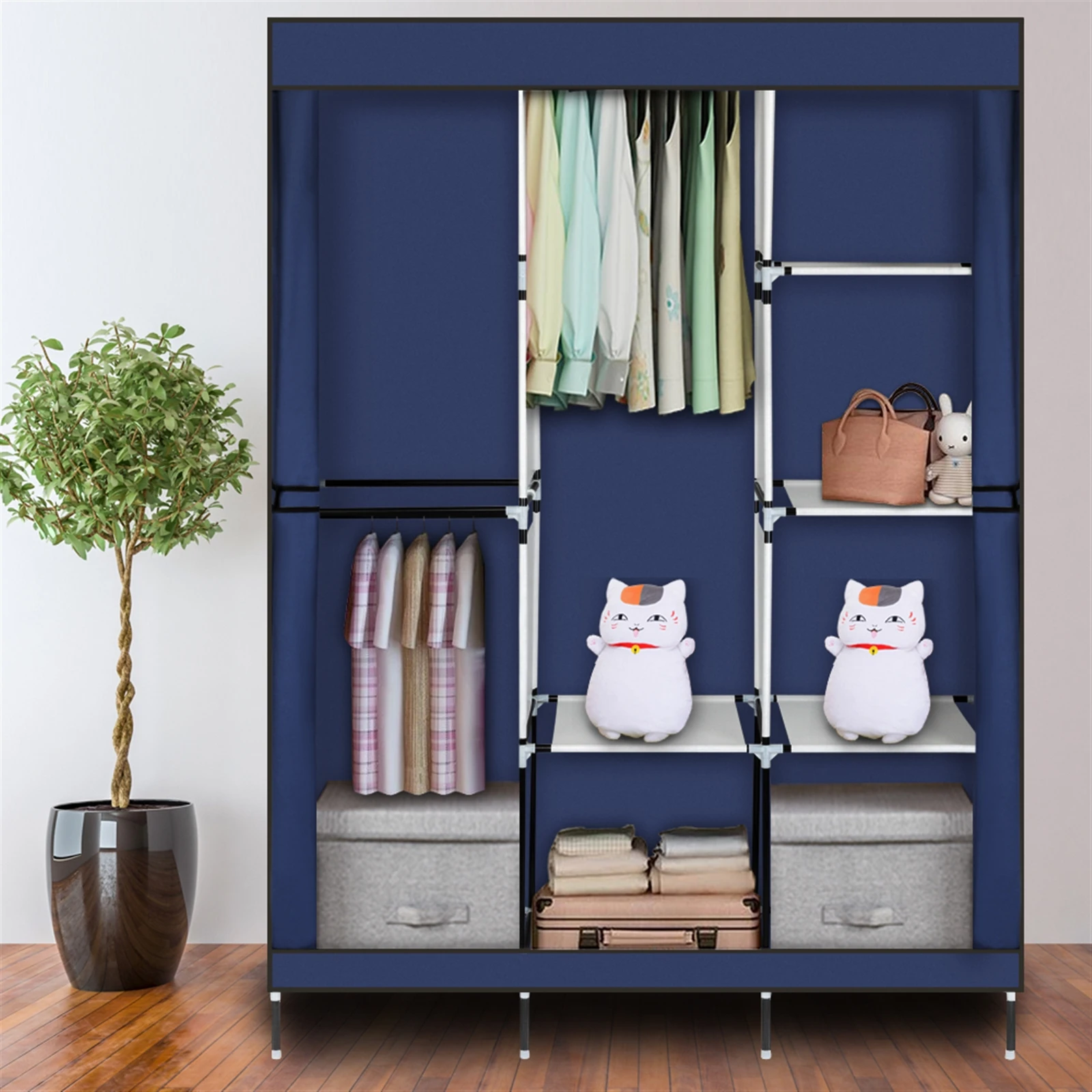 125*43.18*180cm Portable Clothes Closet Non-Woven Fabric Wardrobe Water-proof Double Rod Storage Simple Assembly Organizer Blue