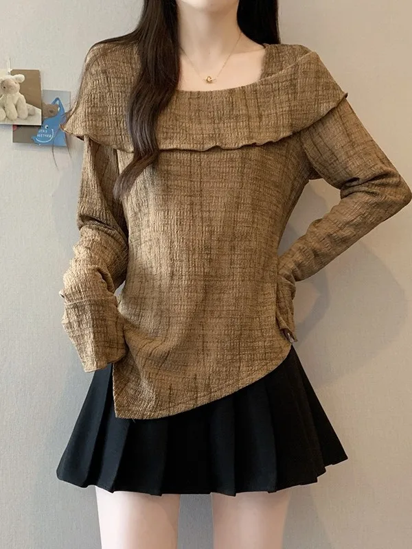 

plus Size Women's Pure Desire Sle Square Collar Asymmetrical Bell Sve T-irt Slim Fit Autumn New Faion Top