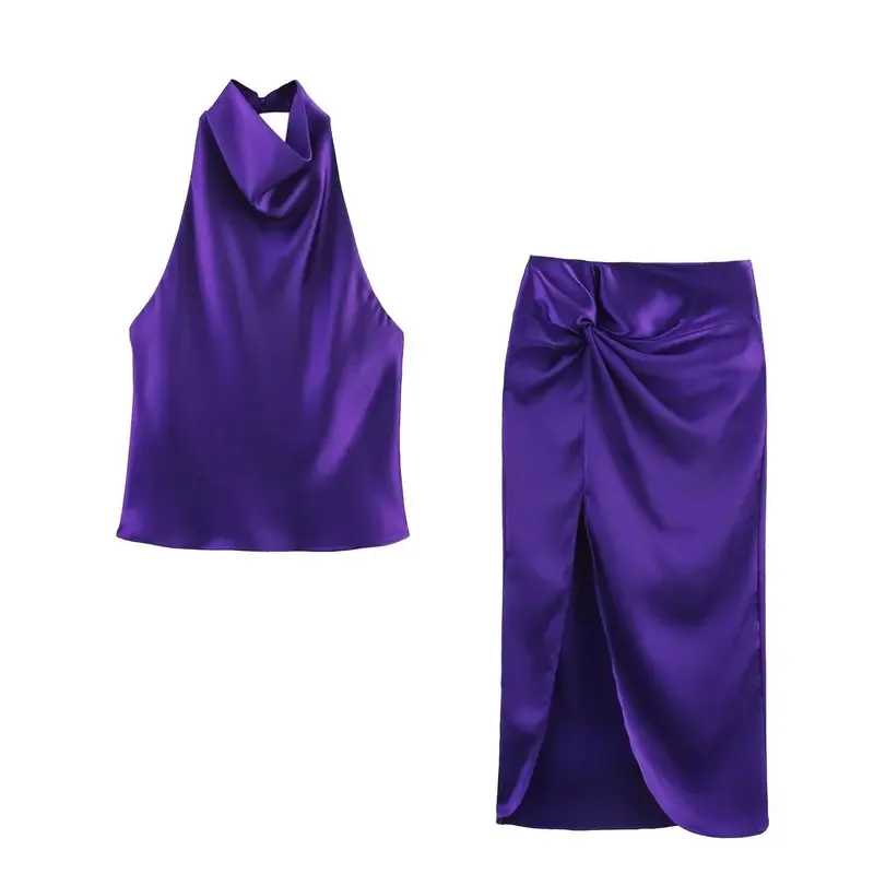 

Women's Solid Color 2-Piece Set Fashion Halter Neck Sleeveless Satin Textured Top with Zipper Slit Knot Detail Midi Skirt for Se