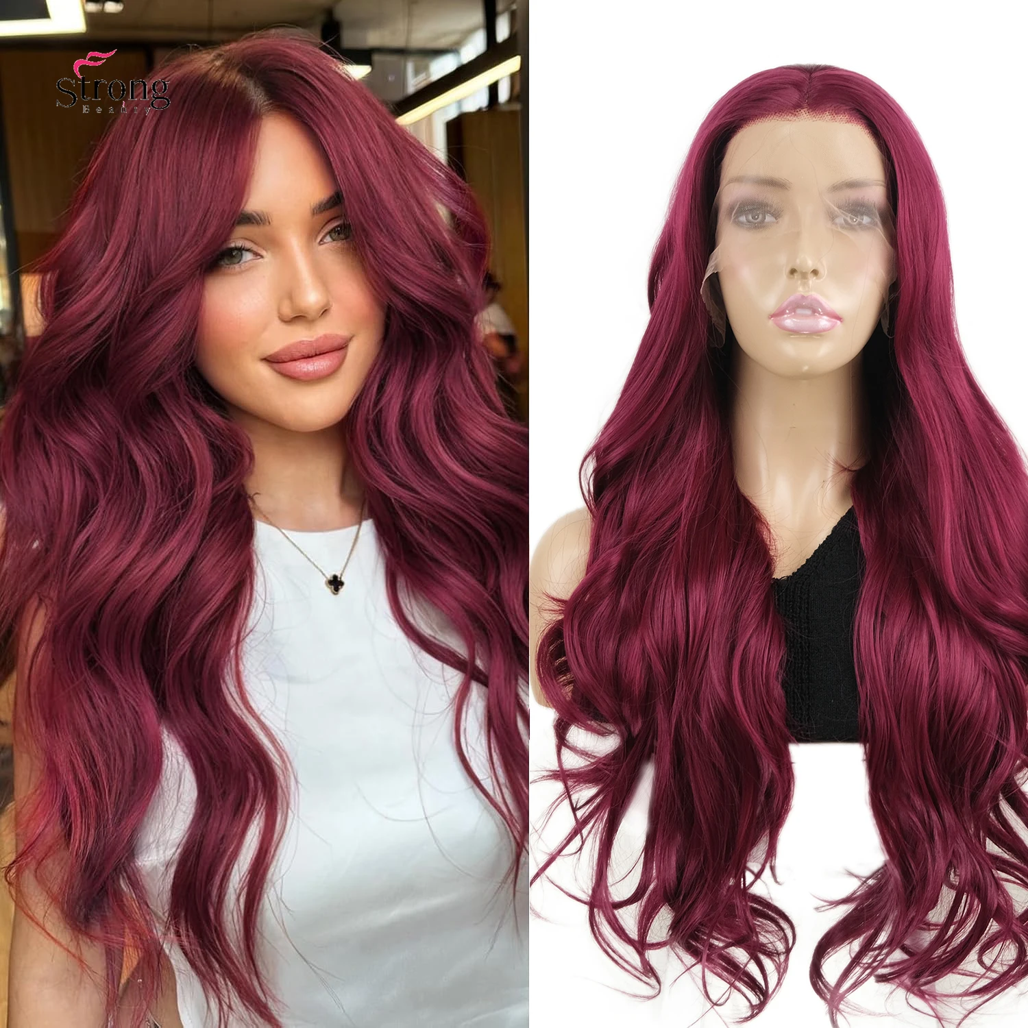 

Strongbeauty Wine Red Long Lace Front Wig for Women Natural Wavy Wig Long 26 Inch Free Part Wig