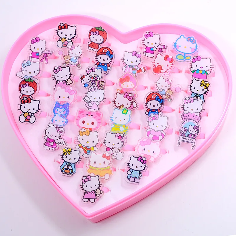 36Pcs/set Ultraman Toys Sanrio Hello Kitty Kid Ring Regulowane pierścionki dla dzieci Kreskówka Dzieci Dziewczyna Pierścionki Serce Box Prezenty