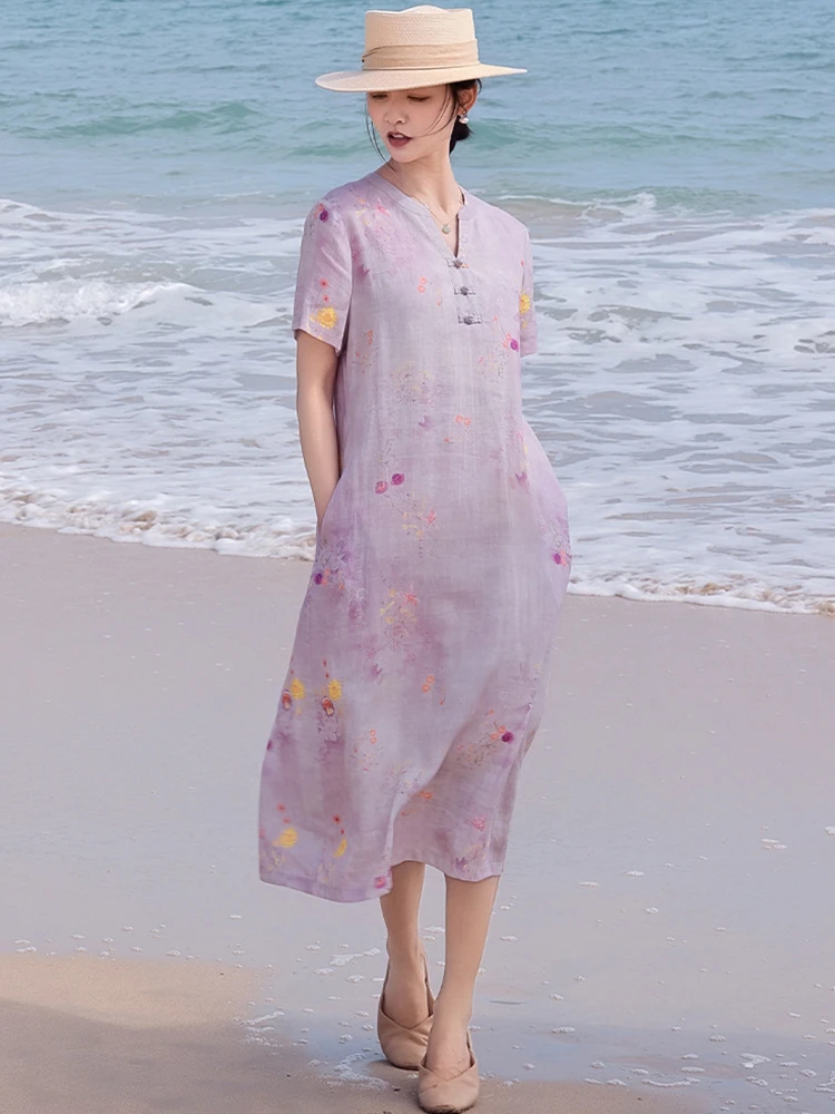 

100% Ramie Women Long Dress New Arrival 2026 Summer Vintage Style V-neck Floral Print Loose Ladies Casual Vacation Dresses M2375