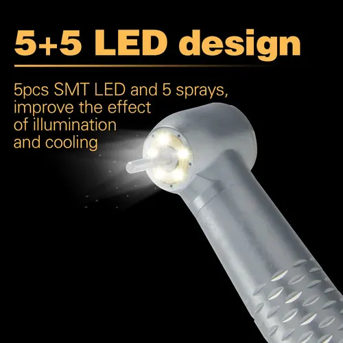 Pieza de mano Dental de alta velocidad con 5 luces LED, 5 pulverizadores de agua, botón pulsador de turbina de aire sin sombras, herramienta de perforación Dental de alta velocidad