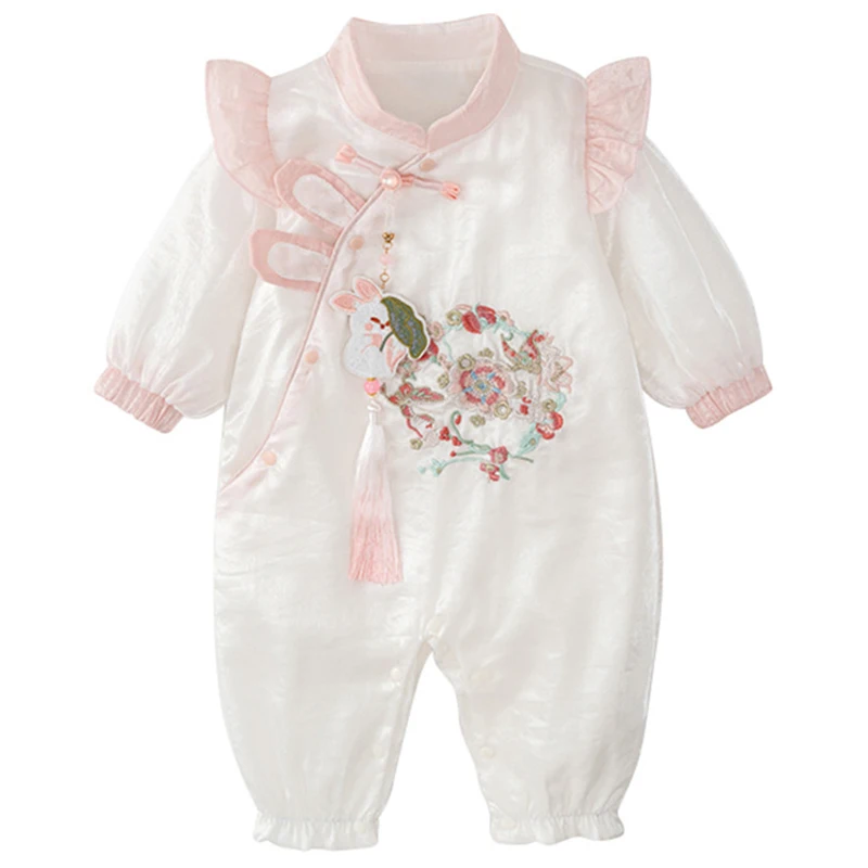 Fall Baby Clothes Girl Fashion Chinese Style Princess Cute Rabbit Flower Long Sleeve Mesh Cotton Jumpsuits Newborn Romper BC1551