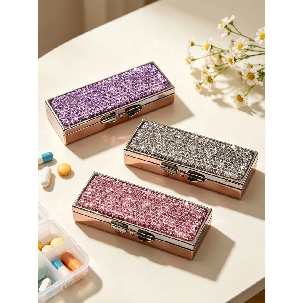 Sparkling Rhinestone Pillbox,Portable Rhinestone Medicine Box,Vitamin Pill Compartment,Daily Travel Portable Pill Box,Suitable For Vitamins,Supplements, Other Small Itemsl,Must - Have Medical Accessory,For Daily/Outdoor/Travel,Essential For Health - Consc