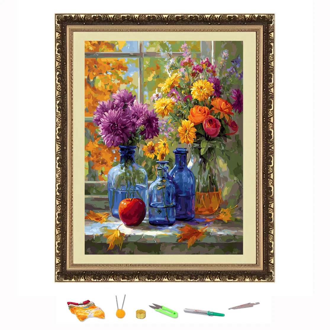 

Cross Stitch Embroidery Bouquets Placed In Blue Glass Bottles DIY Needlework Kit Decorate Printed on Canva 11CT