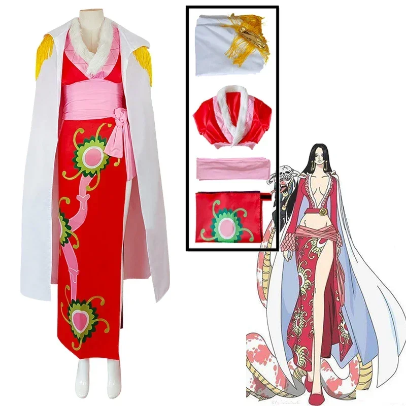 Anime Boa Hancock Cosplay Kostüm Oka Shichibukai Piratenkönigin Roter Druck Geteilter Cheongsam Umhang Sexy Karnevalskostüm für Damen