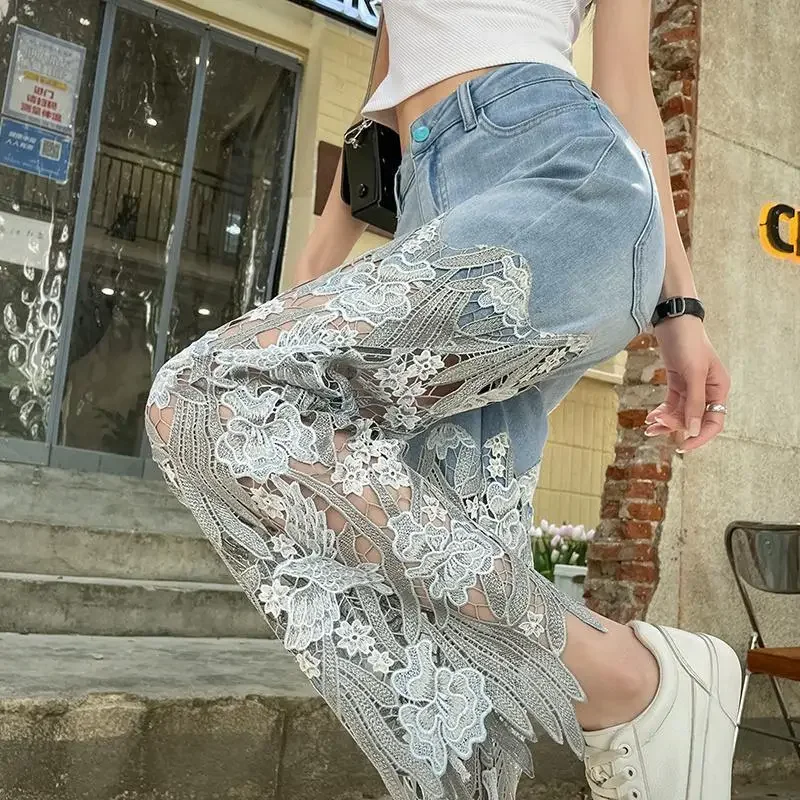 

Lace High Waist Jeans Women Hollow Out Floral Long Pants Slim Straight Trousers Y2k Streetwear Splice Mom Party Club