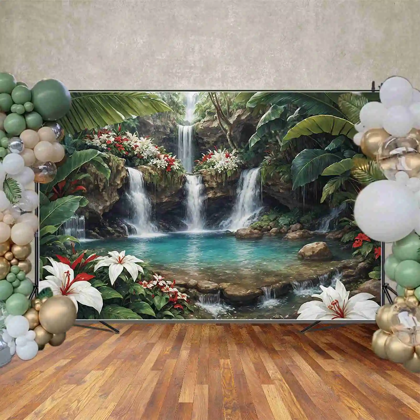 MOON.QG Summer Tropical Rainforest Backdrop Jungle Green Background Holiday Decor Waterfall Studio Photography Photoshoot Props