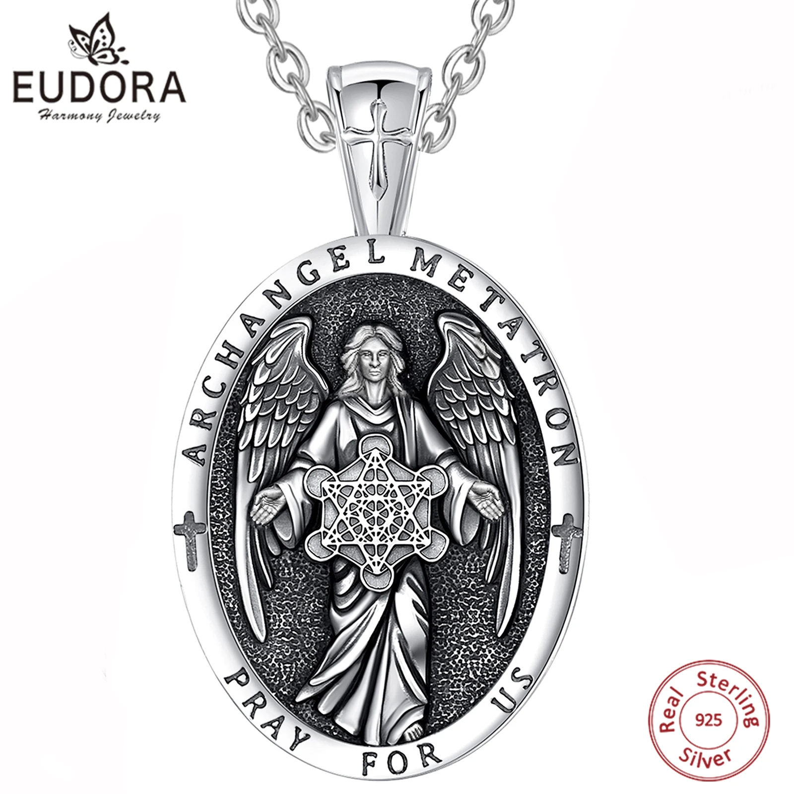 

Eudora Sterling Silver Archangel Metatron Cube Necklace Angel Seal Sacred Geometry Amulet Pendant Religious Jewelry Gift for Men