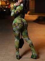 Women's mesh printed round neck long sleeved tight fitting top, mesh printed long pants casual set 2