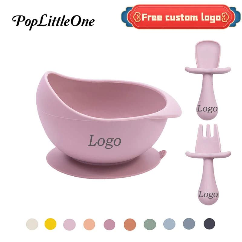 2022 New Design Children Silicone Tableware Sucker Bowl Mini Fork Spoon Curved Bowl BPA Freebaby Training Ability To Eat