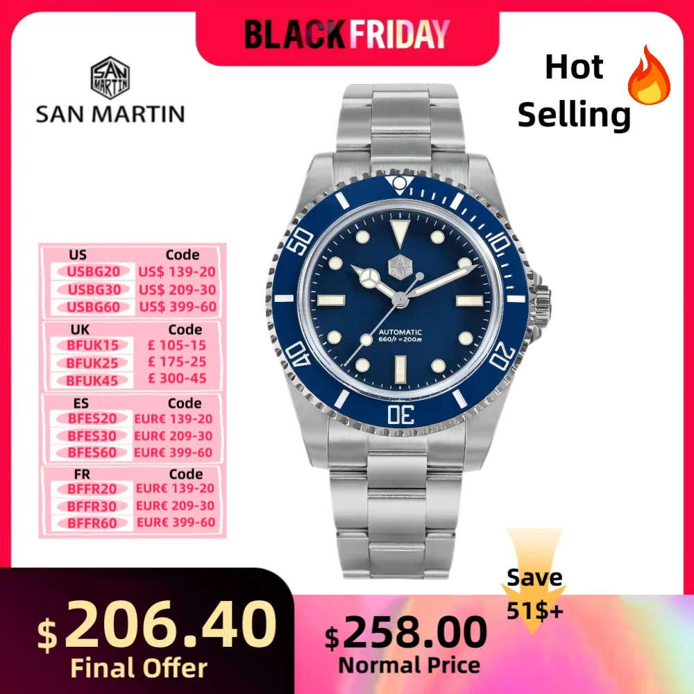 San Martin 40mm YN55 Luxury Watch Men Mechanical Wristwatches Water Ghost Sapphire Automatic 20Bar Relojes Para Hombre SN0006B-1