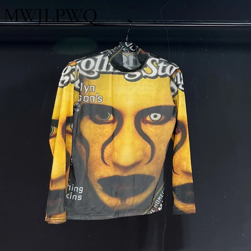 

MWJLPWQ Printed Letter Niche Design Male T-shirts Fashion American Hiphop New Long Sleeve Round Collar Men's Street Tops 010893