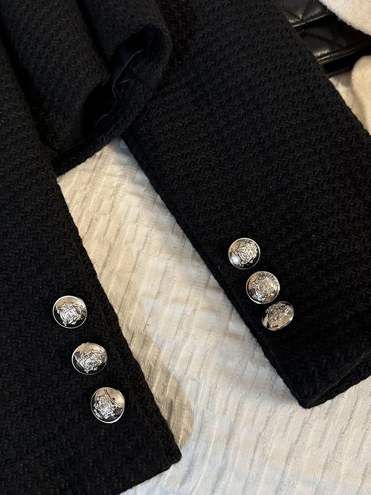 أسود الوقوف طوق الحلل النساء الدانتيل المرقعة أنيقة مكتب سيدة المحاصيل البدلة سترة ربيع الخريف عطر صغير لطيف أبلى #6