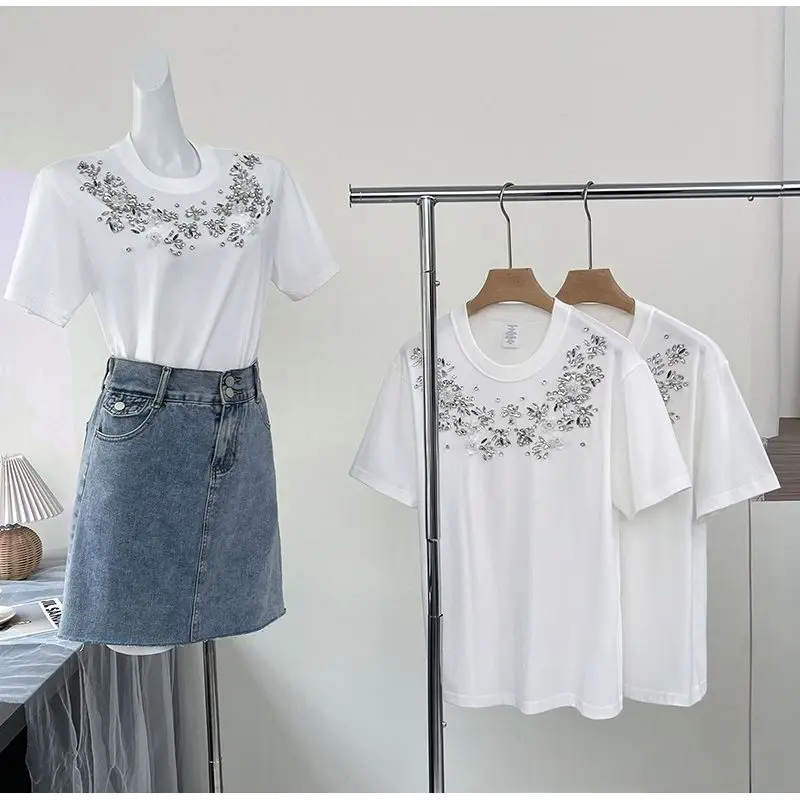 Womens New White Beaded T-shirt Crew Neck Short Sleeve Casual All-match Tee Top Female Fashion Soft Breathable Summer Basic Tops
