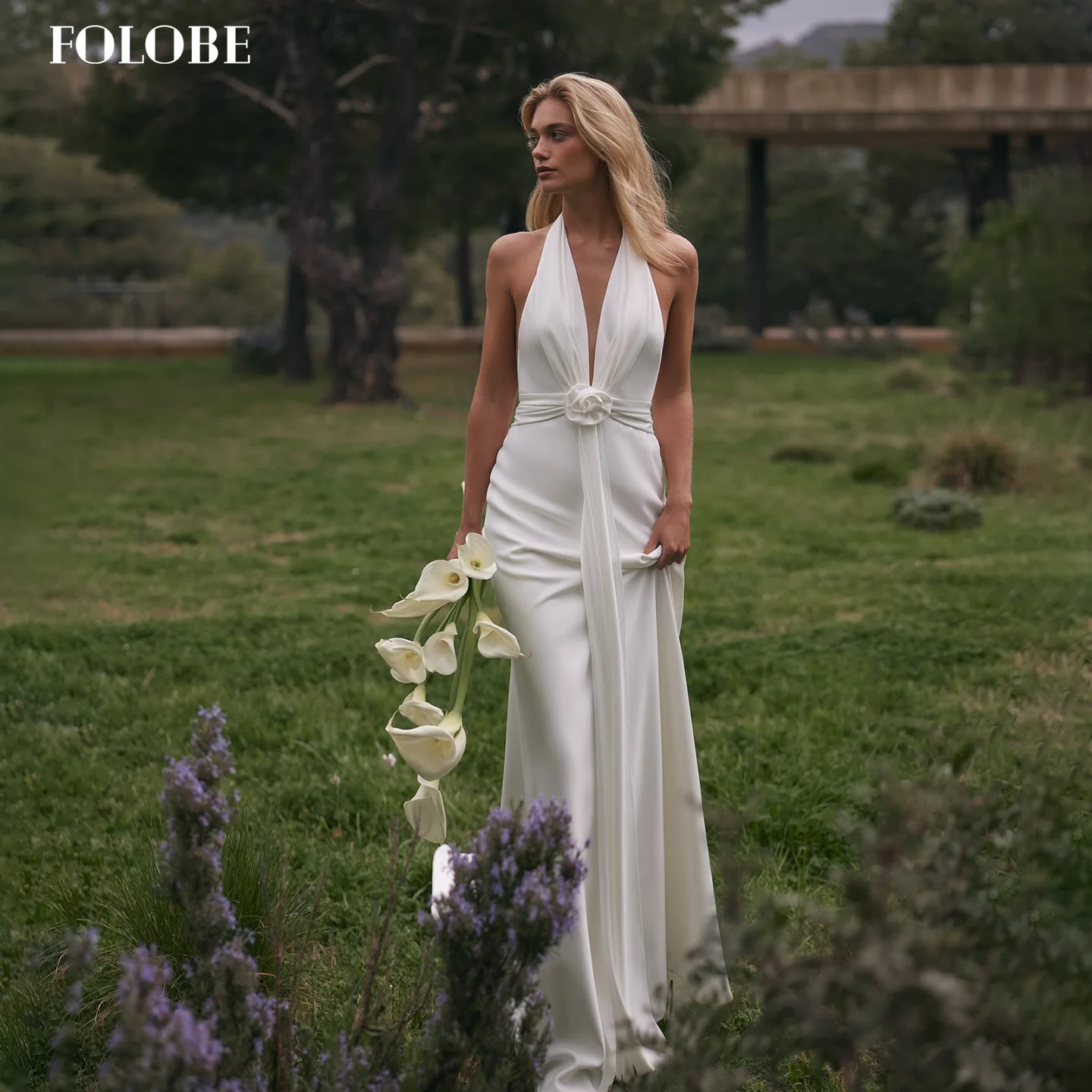 

FOLOBE V-Neck Elegant with Sleeveless Backless Flowers Bridal Ball Gown Wedding Party Dresses Bride vestidos de noche Customized