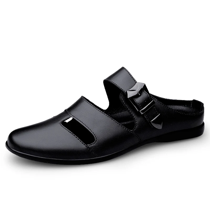 

Semi-Drag Loafers Slipper Man Mules Leather Summer Backless Casual Shoes Slip On Flats Half Shoes For Men Sandals Outdoor Slides