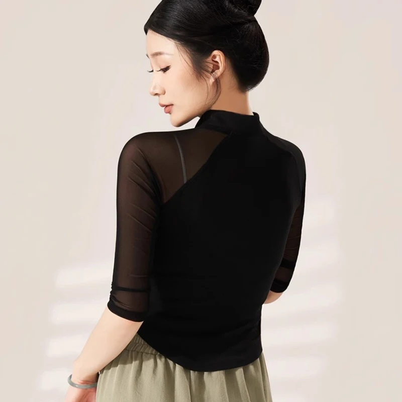 Women Classical Folk Dance Long Middle Sleeve Top Modern National Dancer Training Basic Wear Body Rhyme Yoga Slim New