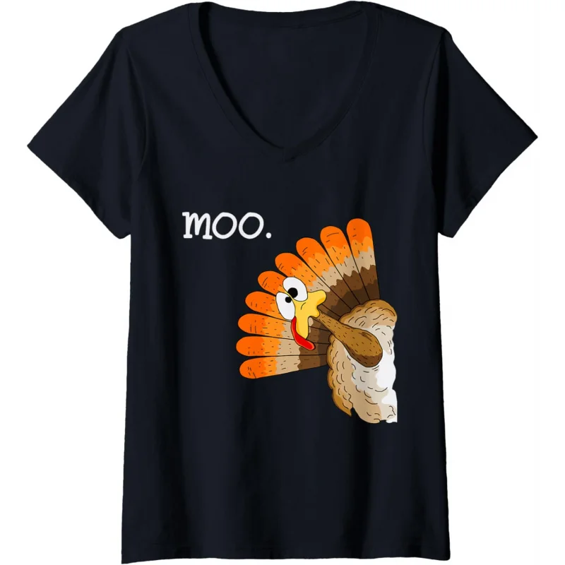 

Womens turkey moo funny thanksgiving V-Neck Loose T-Shirt