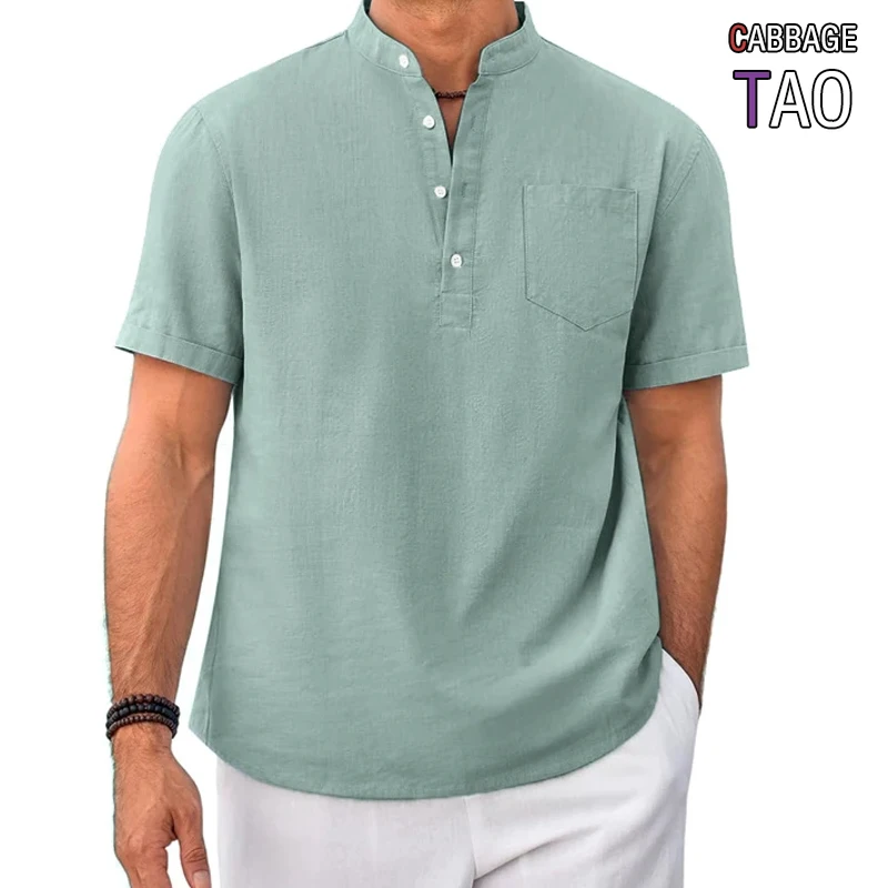 Mens Summer Casual Henley Shirts Short Sleeve Cotton Basic Tee with Chest Pocket Solid Button Placket Lightweight  Tops for Men
