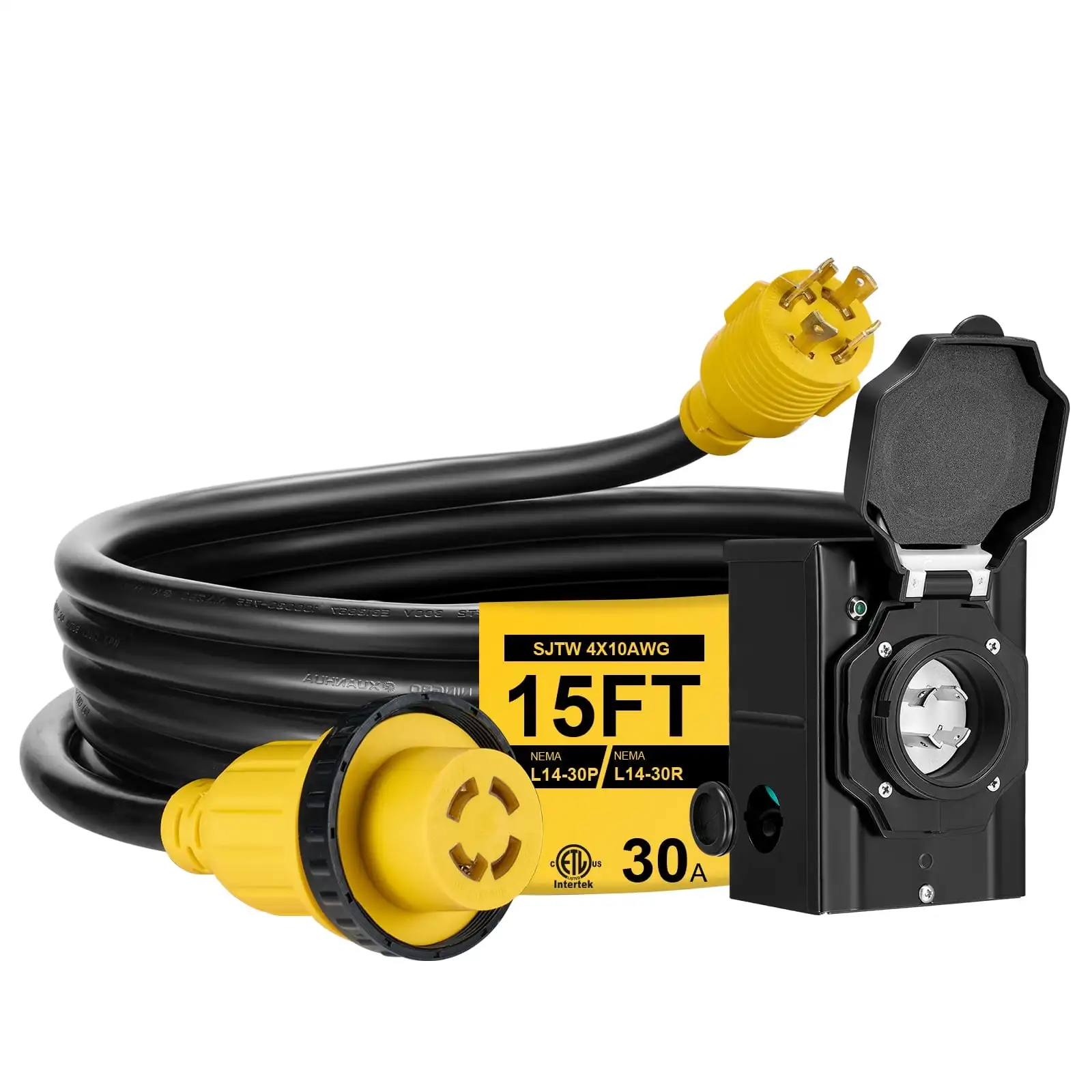 

15FT 30 Amp Generator Cord with Pre-Drilled Power Inlet Box, Heavy Duty Generator Power Cord Home/RV Power Supply