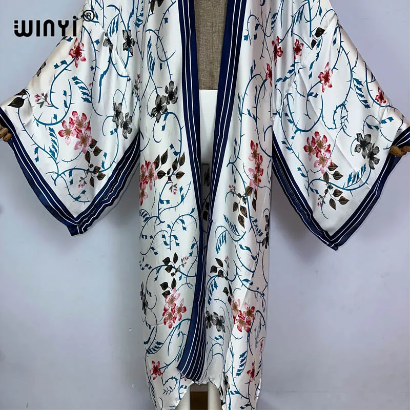 WINYI Kimono boho kobiety artystyczny nadruk sweter z długim rękawem luźna bluzka na co dzień okrycie plażowe vestidos para mujer kaftan