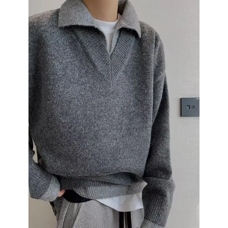 

Men's Polar Fce Knitted Sweater Fake Two-Piece Soft Cozy Plaid Collar Casual Warm Long Sve Autumn Faion Top